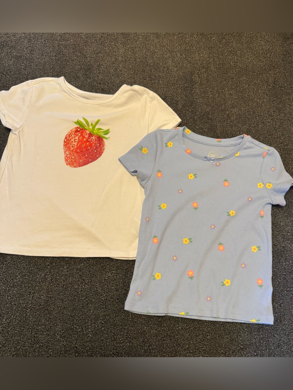 Wonder Nation Girls T-Shirt Lot of 2 Strawberry & Floral Ribbed Crewneck Sz 6/7